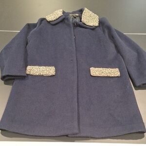 Colleen Lopez Blue Dressy Overcoat With Silver Accents On Collar & Front Pockets